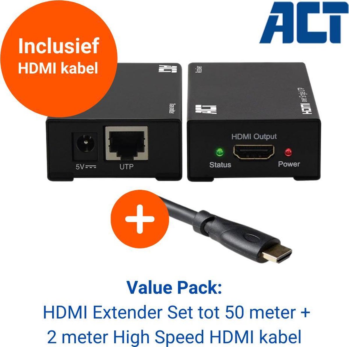 ACT HDMI Extender Set (TX/RX) Single Cat6 AC7800 - 3D Ondersteuning – tot 50 meter – Verleng HDMI signaal over UTP kabel + HDMI Kabel High Speed - 2 meter