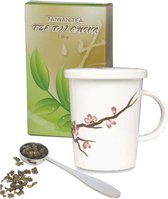 Cadeau set voor moeder, vrouw of vriendin bestaande uit 50 gram thee theebeker, mok, beker, Sakura 300 ml plus stalen maatlepel.
