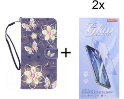 Bookcase Geschikt voor: Xiaomi Poco X3 / X3 Pro hoesje met print - Butterflies And Flowers 3D met 2 stuks Glas Screen protector