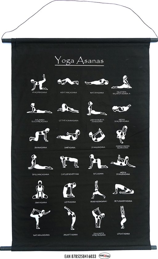 Yoga Houdingen - Asanas - Wanddoek - Wandkleed - Wanddecoratie - Muurdecoratie - Meditatie - Filosofie - Spiritualiteit - Zwart Doek - Witte Tekst - 90 x 140 cm.