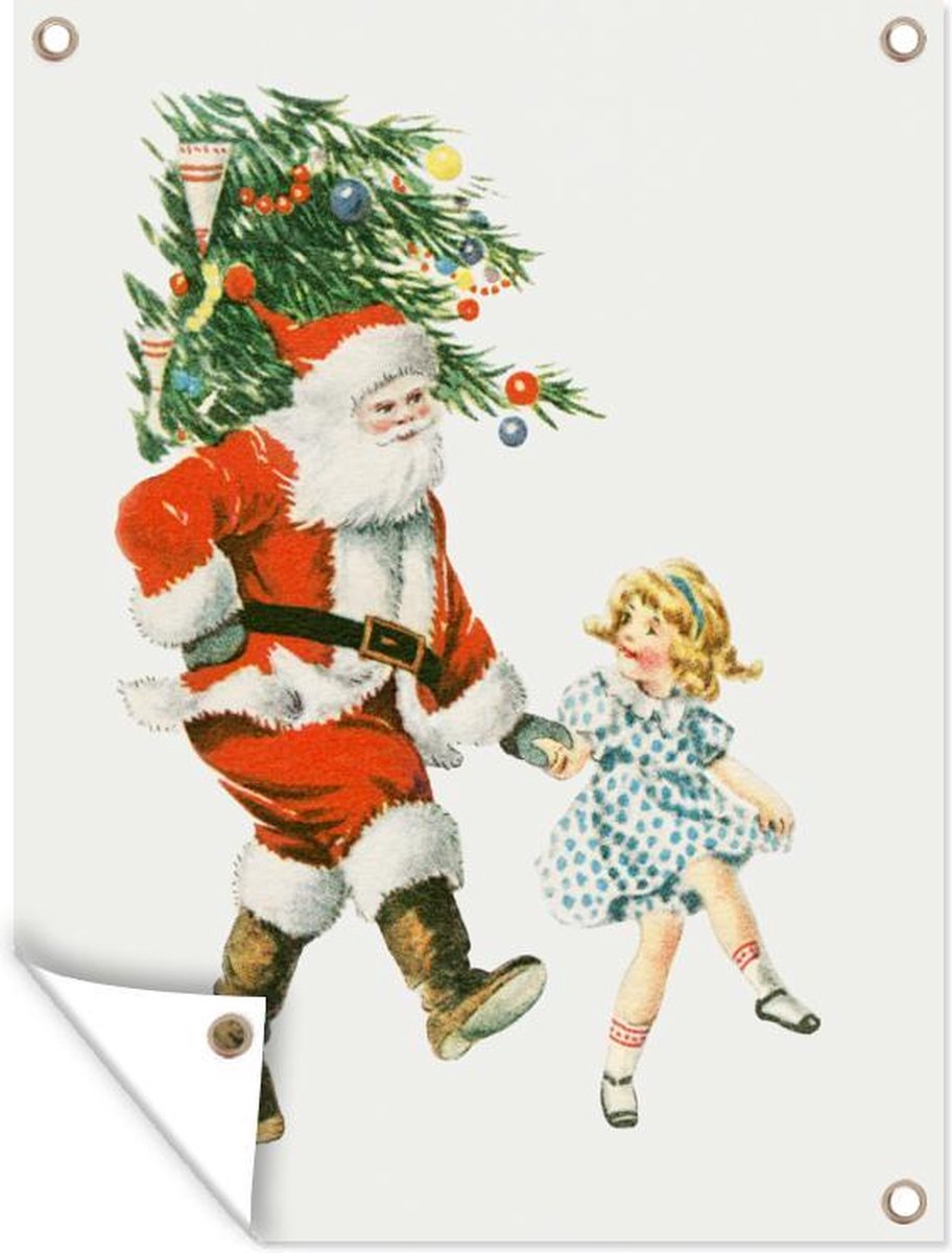 Tuinposter - Tuindoek - Tuinposters buiten - Kerstboom - Kerstman - Kunst - 90x120 cm - Tuin