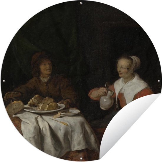 Tuincirkel Man en vrouw aan de maaltijd - Schilderij van Gabriël Metsu - 90x90 cm - Ronde Tuinposter - Buiten
