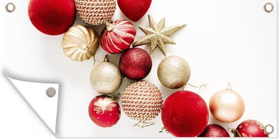 Poster jardin Hiver - Boules de Noël - Rouge - 80x40 cm - Décoration murale extérieur - Poster jardin - Toile jardin - Poster clôture - Tableau jardin