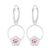 Joy|S - Zilveren bloem bedel oorbellen - roze kristal - oorringen