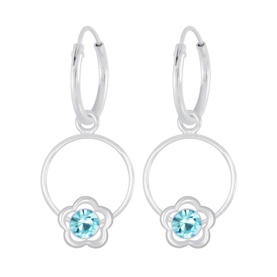 Joy|S - Zilveren bloem bedel oorbellen - blauw kristal - oorringen