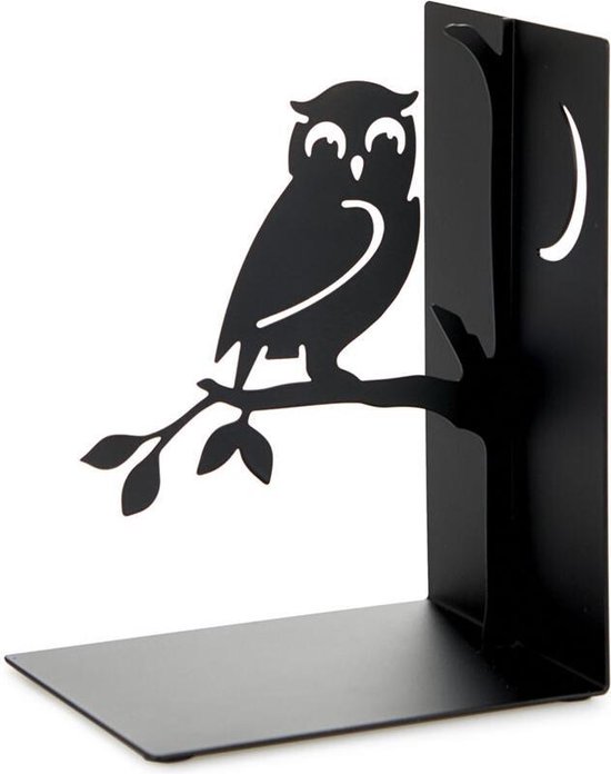 Zwarte boekensteun met een uil op een tak en een maan in een boom, geïsoleerd op een witte achtergrond.