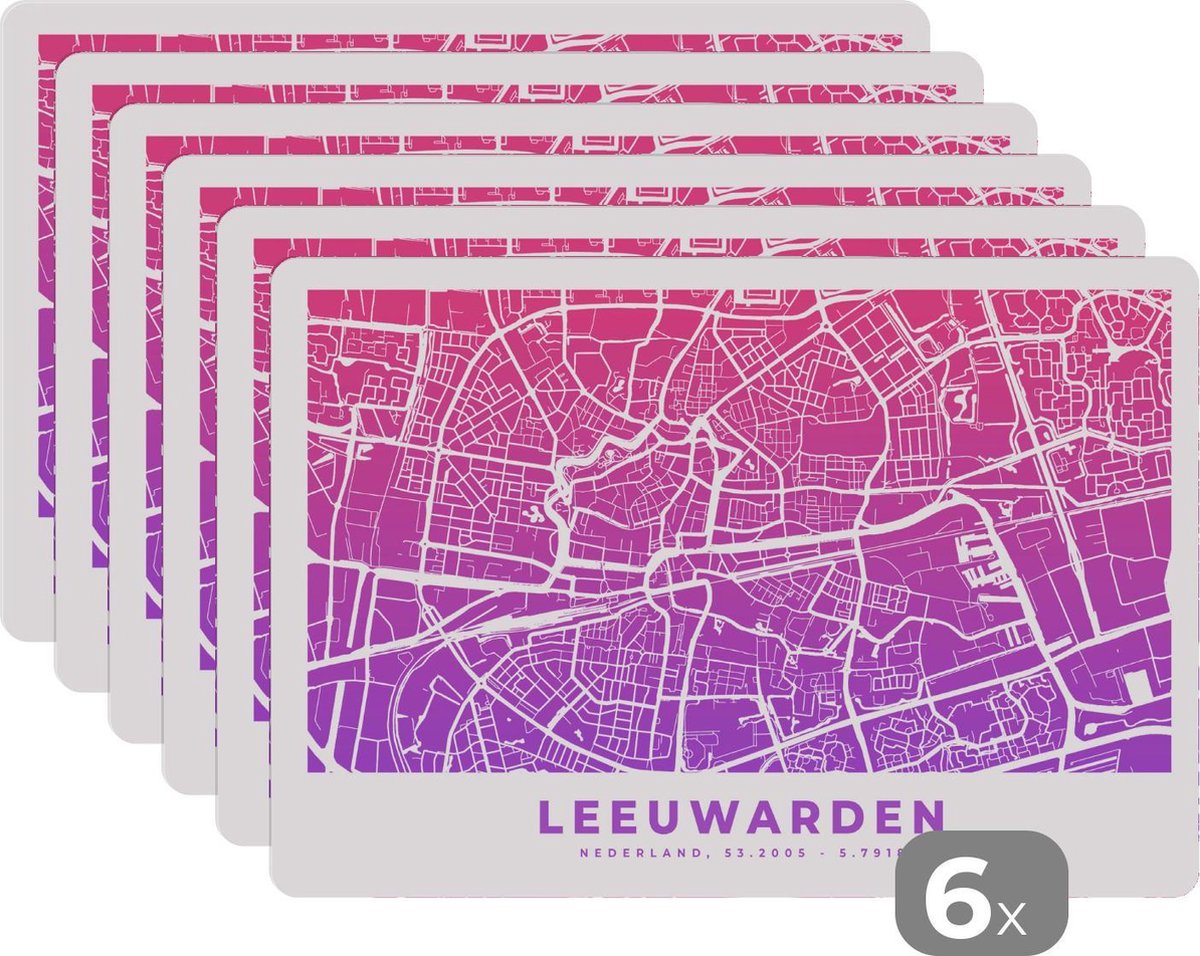 Placemat - Placemats kunststof - Stadskaart - Leeuwarden - Nederland - Paars - 45x30 cm - 6 stuks - Hittebestendig - Anti-Slip - Onderlegger - Afneembaar