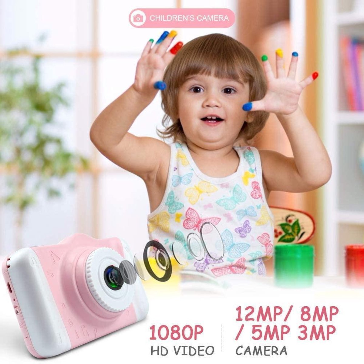 Appareil photo numérique pour enfants - écran 2.4 « - 1080p - Filles et  garçons de 3 à 10 ans - Anti-chute - Jouet d'anniversaire - Cadeau avec  étui en silicone souple et carte Sd 32 Gb