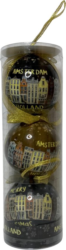 Set de Boules de Noël Amsterdam: Zwart et Marron (3 pièces) - Amsterdam Canals + Merry Christmas - Plastique