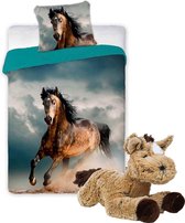 Paarden dekbedovertrek set 140 x 200 cm, incl. super zachte paarden knuffel - 32 cm - lichtbruin - kinderen slaapkamer - eenpersoons dekbed