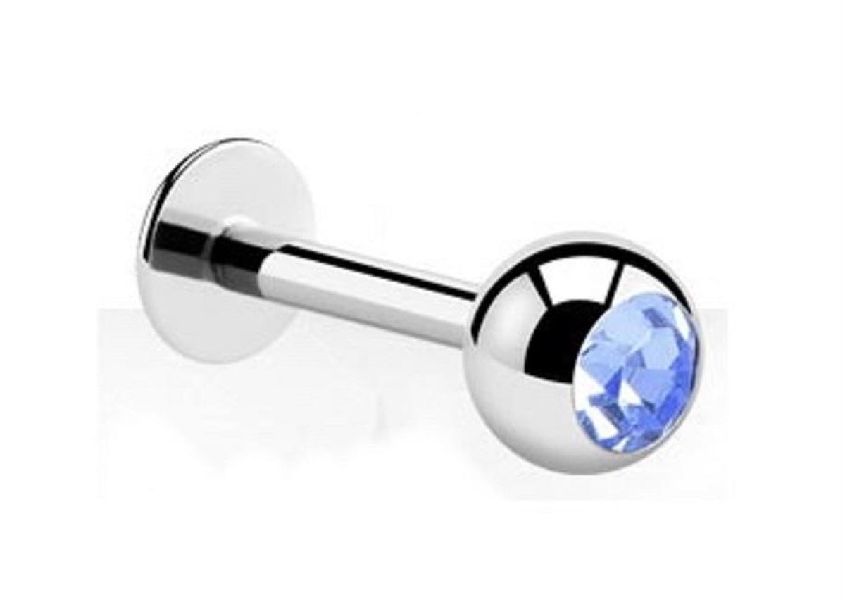 Titanium Labret Piercing 12 mm (1,2 mm staaf) met 3 mm bal & blauw steen-accent – RH-Jewelry [High Quality Piercing]