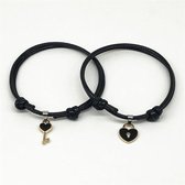 Hartje en sleutel armband set (zwart) - voor Hem en Haar - Koppelset - Relatieset - Relatie Cadeau - Relatie Geschenk - Valentijnsdag voor Mannen - Valentijn Cadeautje voor Hem - V