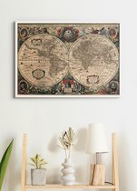 Poster In Witte Lijst - Historische Wereldkaart uit 1663 - Henricus Hondius - Geografie 50x70 cm