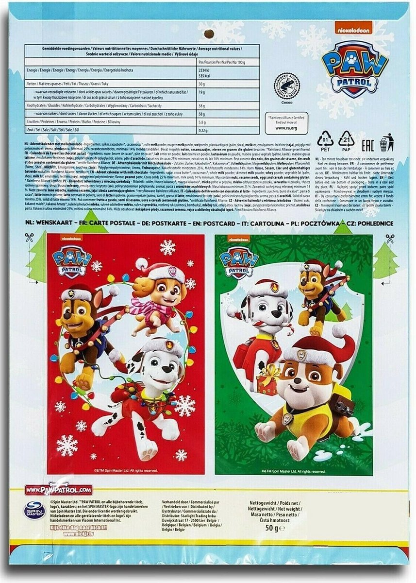 Paw Patrol adventskalender 2021 Voor kinderen Chocolade