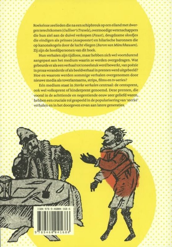 Twee illustraties in rood en zwart; een figuur met een hoed en lange jas, gebogen over een andere figuur, en een figuur met een schort en rode jurk die wegrent voor een hond.