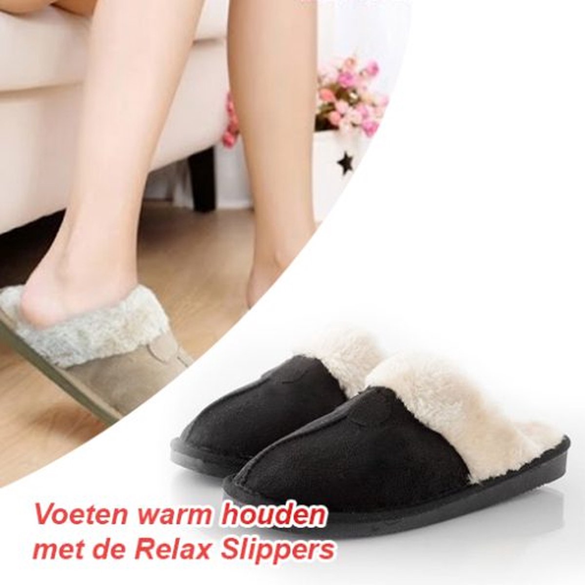 1 Paar Warme Relax Fur Slippers in Zwart | Maat 38