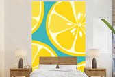 Behang - Fotobehang Illustratie van citroenen op een blauwe achtergrond - Breedte 145 cm x hoogte 220 cm