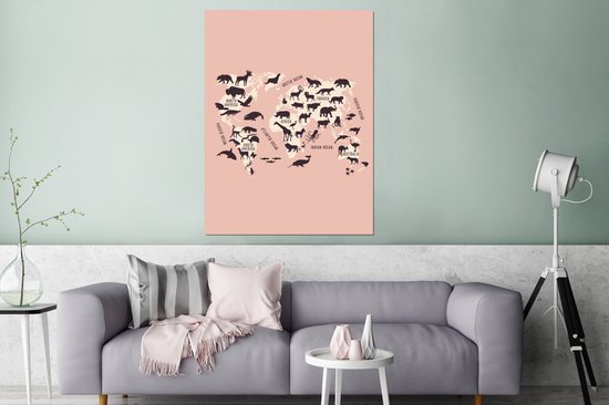 Décoration murale Métal - Peinture Aluminium - Wereldkaart - Animaux - Rose - 120x160 cm