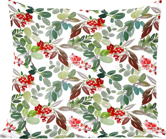 Sierkussens - Kussentjes Woonkamer - 60x60 cm - Waterverf - Planten - Rood - Kerstversiering - Kerstdecoratie voor binnen - Woonkamer