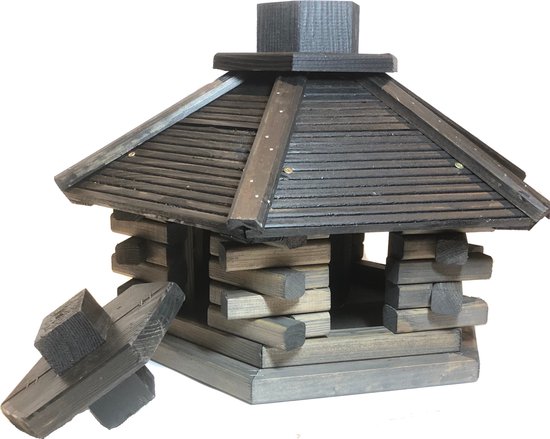 Vogelhuisje in blokhutstijl met donkerdak, schoorsteen en losse zijsteun.