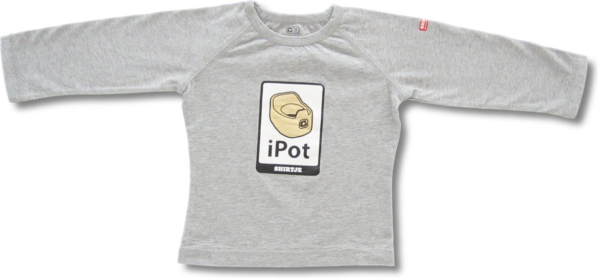 Twentyfourdips | T-shirt lange mouw kind met print 'iPot' | Grijs melee | Maat 92 | In giftbox