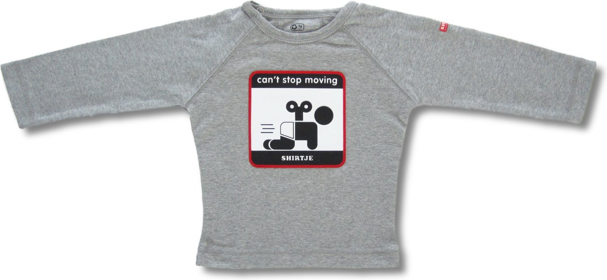 Twentyfourdips | T-shirt lange mouw baby met print 'Can't stop moving' | Grijs melee | Maat 68 | In giftbox