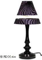 Zwevende klassieke lamp paars / zwarte kap met zebra motief en klassieke zwarte houten voet