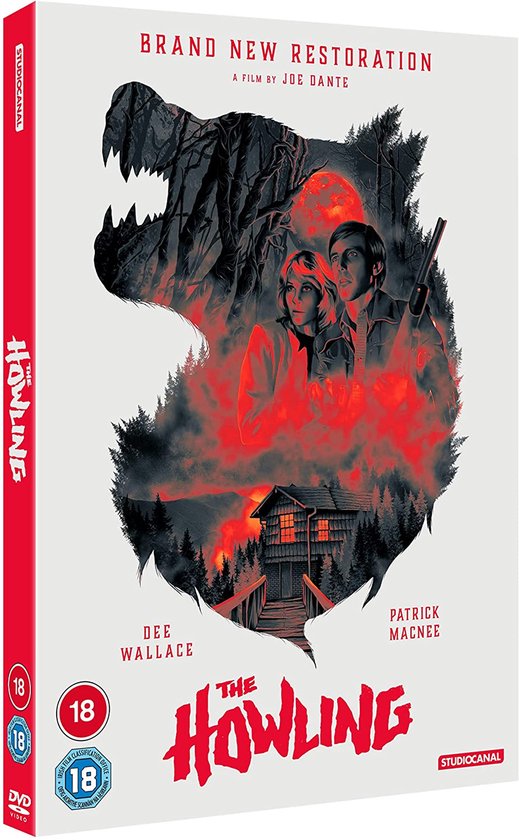 Zijaanzicht van de "The Howling" DVD, met de DVD-titel verticaal erop en de wolfskop-illustratie op de voorkant.