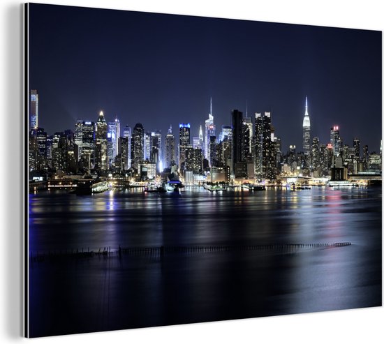 Wanddecoratie Metaal - Aluminium Schilderij Industrieel - New York - Licht - Skyline - 60x40 cm - Dibond - Foto op aluminium - Industriële muurdecoratie - Voor de woonkamer/slaapkamer