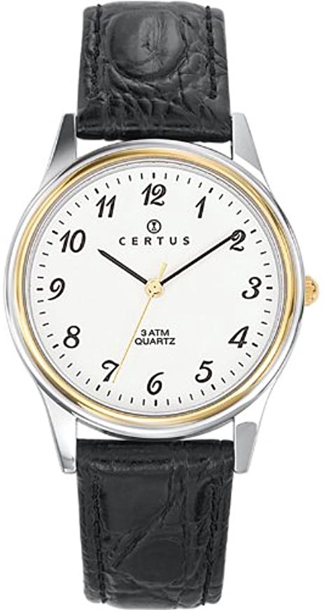 Certus-Duidelijk heren horloge-Zwart lederen band-Bicolor.
