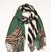 Dames lange sjaal warm met zebra/tijgerprint zwart/wit/beige/groen
