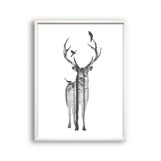 Postercity - Design Canvas Poster Hert in het Zwart-Wit Bos / Muurdecoratie / 50 x 40cm