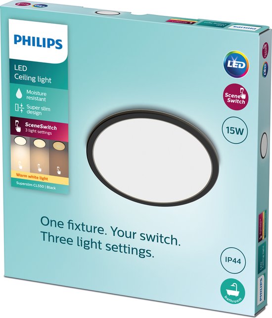 Plafonnier salle de bain Philips SuperSlim - LED intégrée - Zwart - 15W -  Diamètre 25... | bol.com