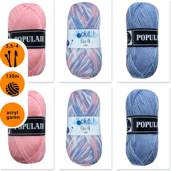 Beijer BV Acryl haakgaren pakket - 6 bollen zachte pastel roze en blauw