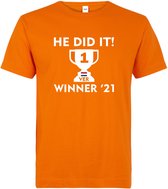 Kids T-shirt oranje He did it! Winner '21 | race supporter fan shirt | Formule 1 fan kleding | Max Verstappen / Red Bull racing supporter | wereldkampioen / kampioen 2021 | racing souvenir | maat 152