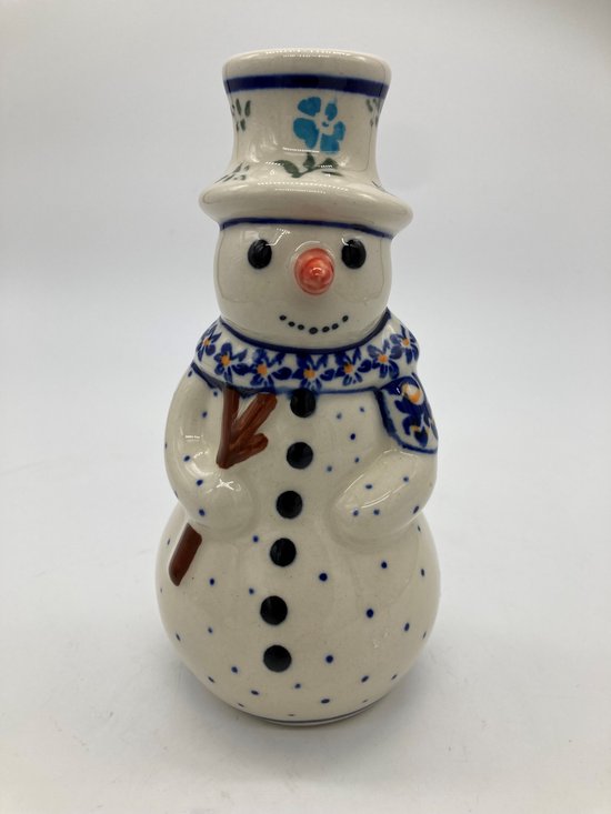 Bunzlau keramiek sneeuwpop kandelaar licht blauwe bloem, Kerst. X-mas