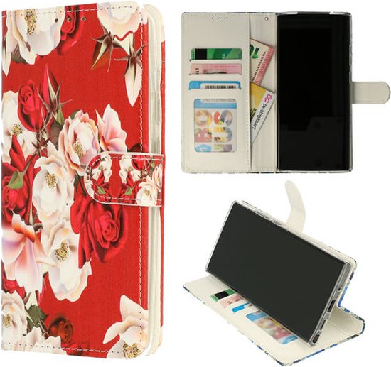 Foto: Geschikt voor apple iphone 12 mini hoesje bloemen wit en rood boekvorm met pasjeshouders