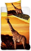 1-persoons dekbedovertrek (dekbed hoes) met grote giraffe in de savanne bij zonsondergang in de natuur (geel / oranje / bruin) KATOEN eenpersoons 140 x 200 cm (cadeau idee slaapkam