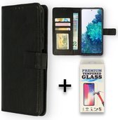 Xiaomi Redmi 9C Hoesje Zwart & Glazen Screenprotector - Portemonnee Book Case - Kaarthouder & Magneetlipje