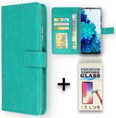 Xiaomi Redmi 9C Hoesje Turquoise & Glazen Screenprotector - Portemonnee Book Case - Kaarthouder & Magneetlipje