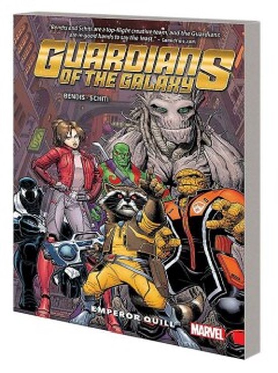 Groot, Rocket, Star-Lord, Drax, Gamora, Groot en Thing, de Guardians of the Galaxy, poseren voor de cover van de graphic novel.