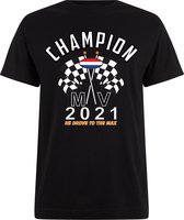 Kids T-shirt zwart Champion MV 2021 | race supporter fan shirt | Formule 1 fan kleding | Max Verstappen / Red Bull racing supporter | wereldkampioen / kampioen | racing souvenir | maat 128