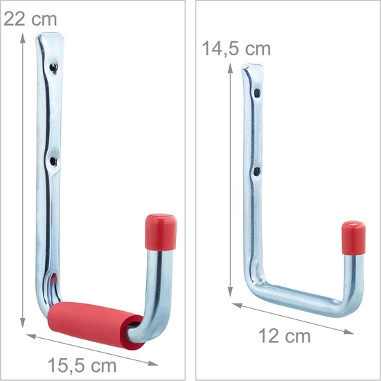 Afmetingen van twee zilverkleurige metalen haken met rode doppen en een rode handgreep.