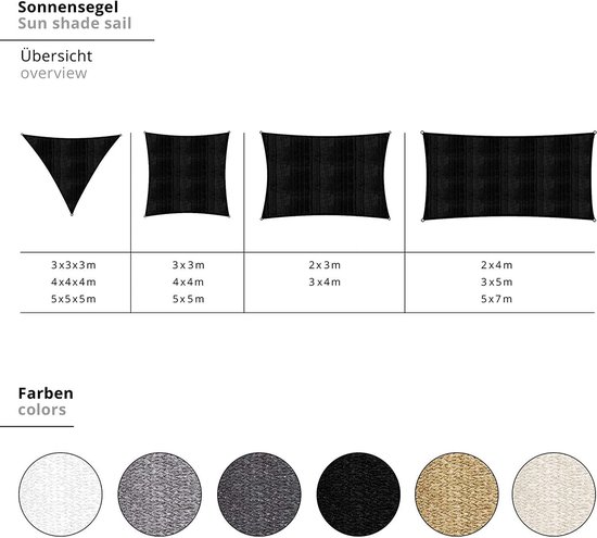 Overzicht van vierkante en rechthoekige schaduwdoeken in verschillende maten en kleuren.