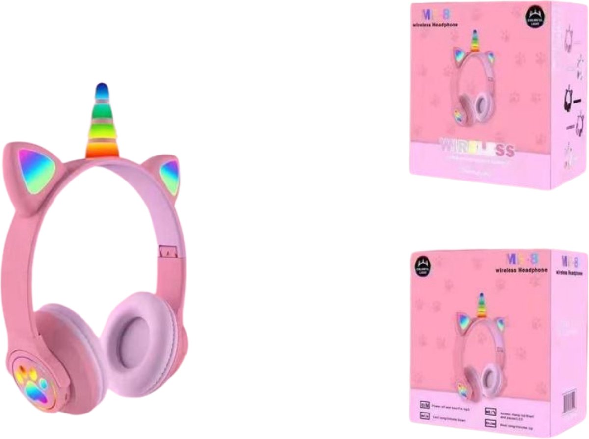 Cat Eenhoorn Wireless Stereo Koptelefoon - Over Ear Headset - Hifi Stereo Bass - Katten Oortjes - Roze