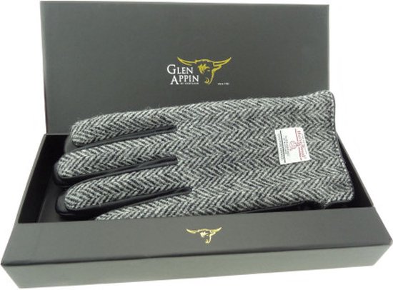 Heren Handschoenen Zwart Wit met Zwart Leer - Harris Tweed - Glen Appin of Scotland