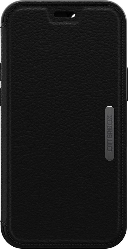 Zwarte OtterBox Strada telefoonhoes, gesloten voorkant met OtterBox logo.