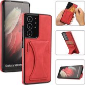 Étui en cuir Samsung Galaxy S21 Ultra | Coque arrière pour téléphone | Porte-cartes | Rouge