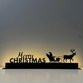 Design407 - Merry Christmas - 60 x 15,8cm - Kerstmis - Houten Decoratie - Feestdecoratie - Kerst - Silhouette - Kerstman met Rendier - Led Verlichting