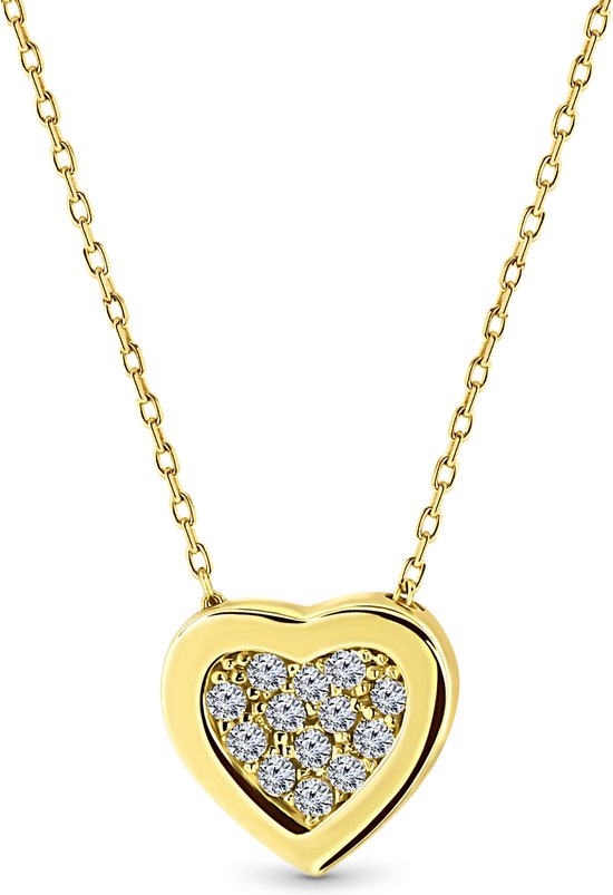 Juwelier Emo - Ketting Gouden Hart hanger Basic - Zirkonia stenen – 14 karaat Geelgoud – Diameter 42 CM